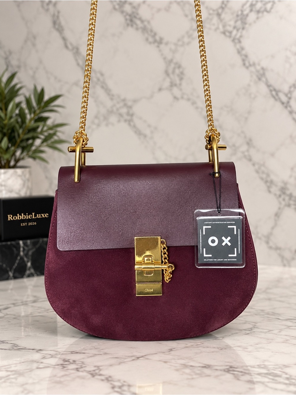 Chloé Drew Burgundy Suede Leather Gold Chain Shoulder Bag